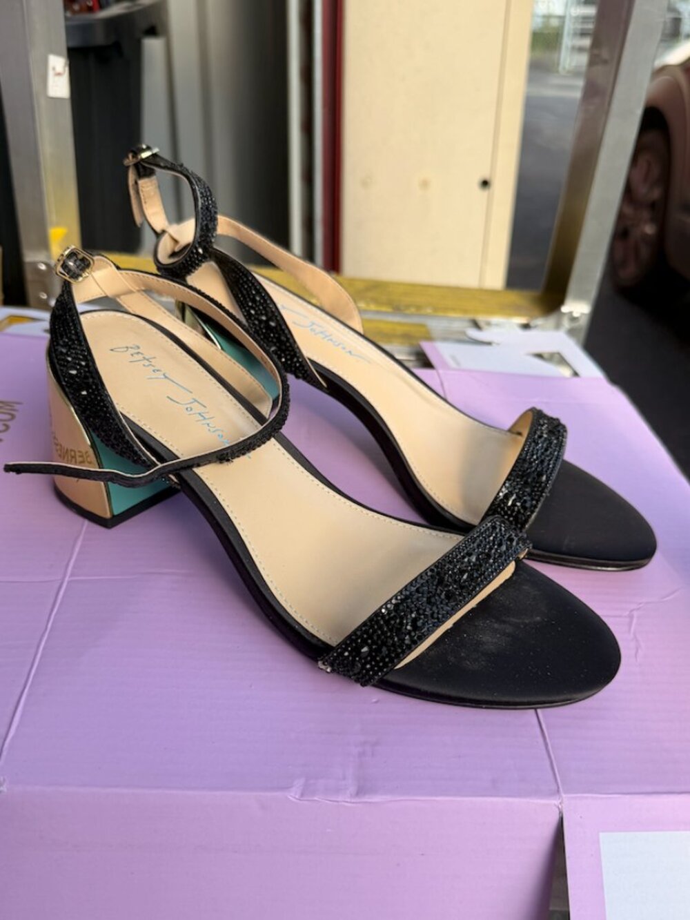 Betsey Johnson Black Rhinestone Block Heel Sandals | Mirror Heel | Size 8